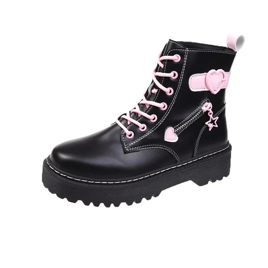Black Lace-up British Boots with Heart Zipper